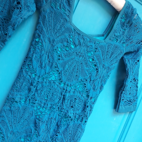 Free People Crochet Slip Dress Lace Body Con Teal Turquoise Stretch Fit Lacy XS - Picture 2 of 9